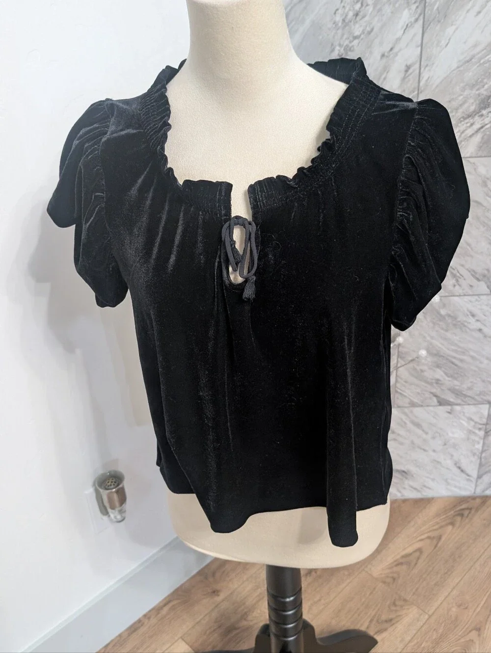 Black Velvet Tie-Neck Women's Top